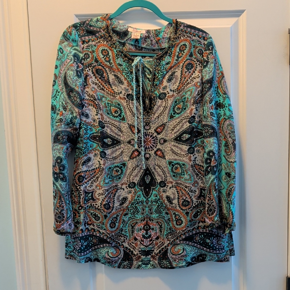 Sundance Vibrant Paisley Bohemian-Style Tie-Neck Blouse